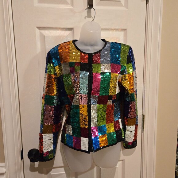 Adrienne Vittadini Jackets & Blazers - Vintage Adrienne Vittadini Rainbow Sequin Glitter Patchwork Jacket Small